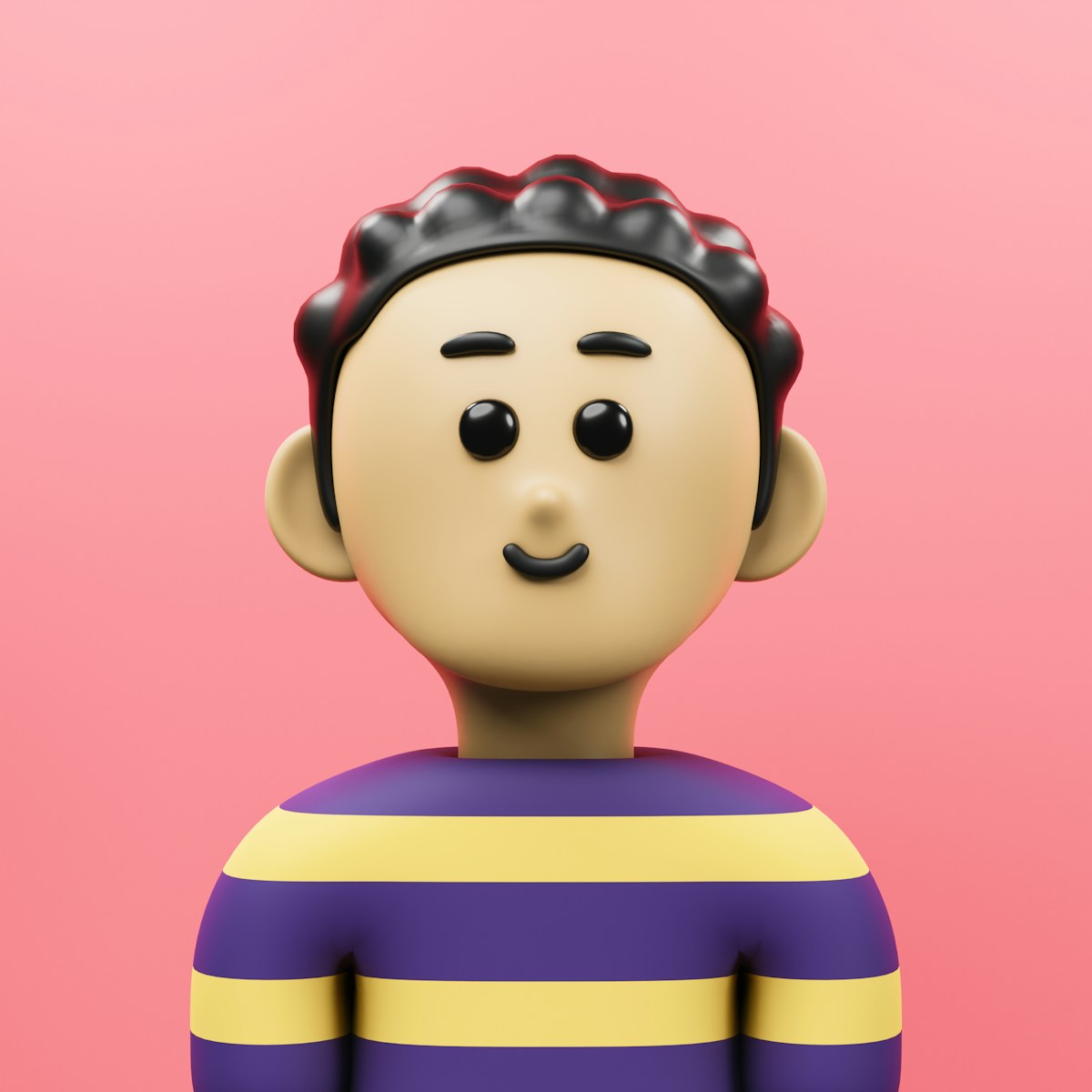 A small toy is standing in front of a pink background