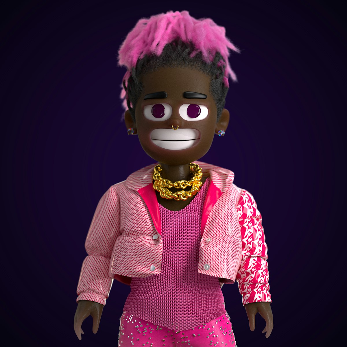 A cartoon character with pink hair and a pink outfit